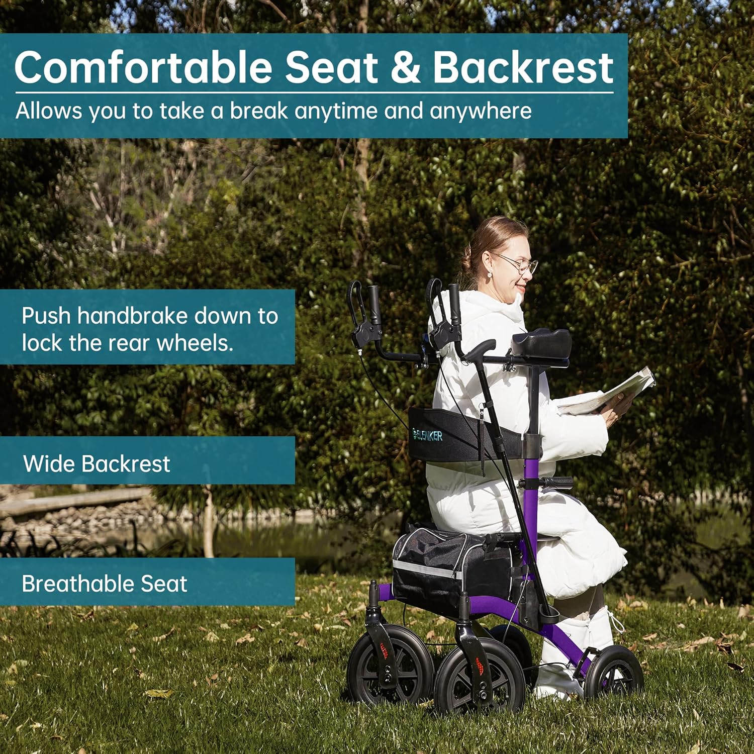 ELENKER Andador vertical todo terreno, andador con asiento, ruedas no neumáticas de 12 pulgadas, diseño plegable compacto para personas mayores,