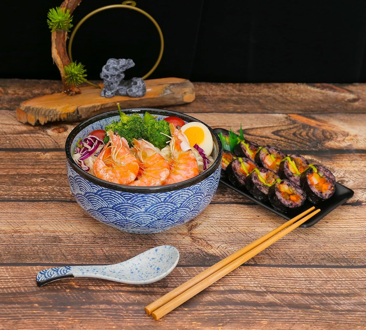 Juego de tazones de cerámica japoneses para ramen, cuencos de sopa grandes de 31 onzas con palillos y cuchara para Pho Udon Soba asiática (patrón