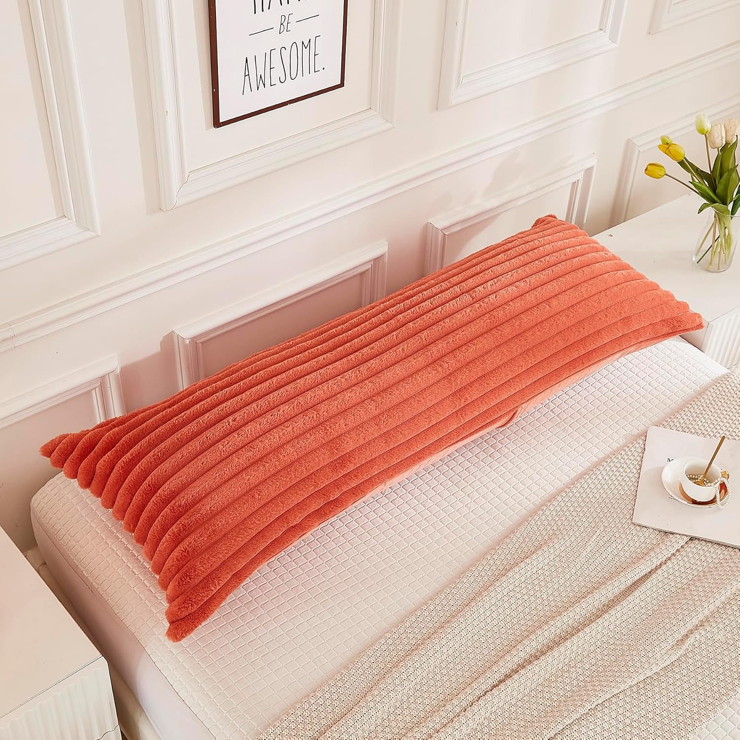 JAUXIO Funda de almohada de cuerpo esponjoso de piel sintética de lujo, funda de almohada decorativa de felpa a rayas, ultra suave y acogedora,