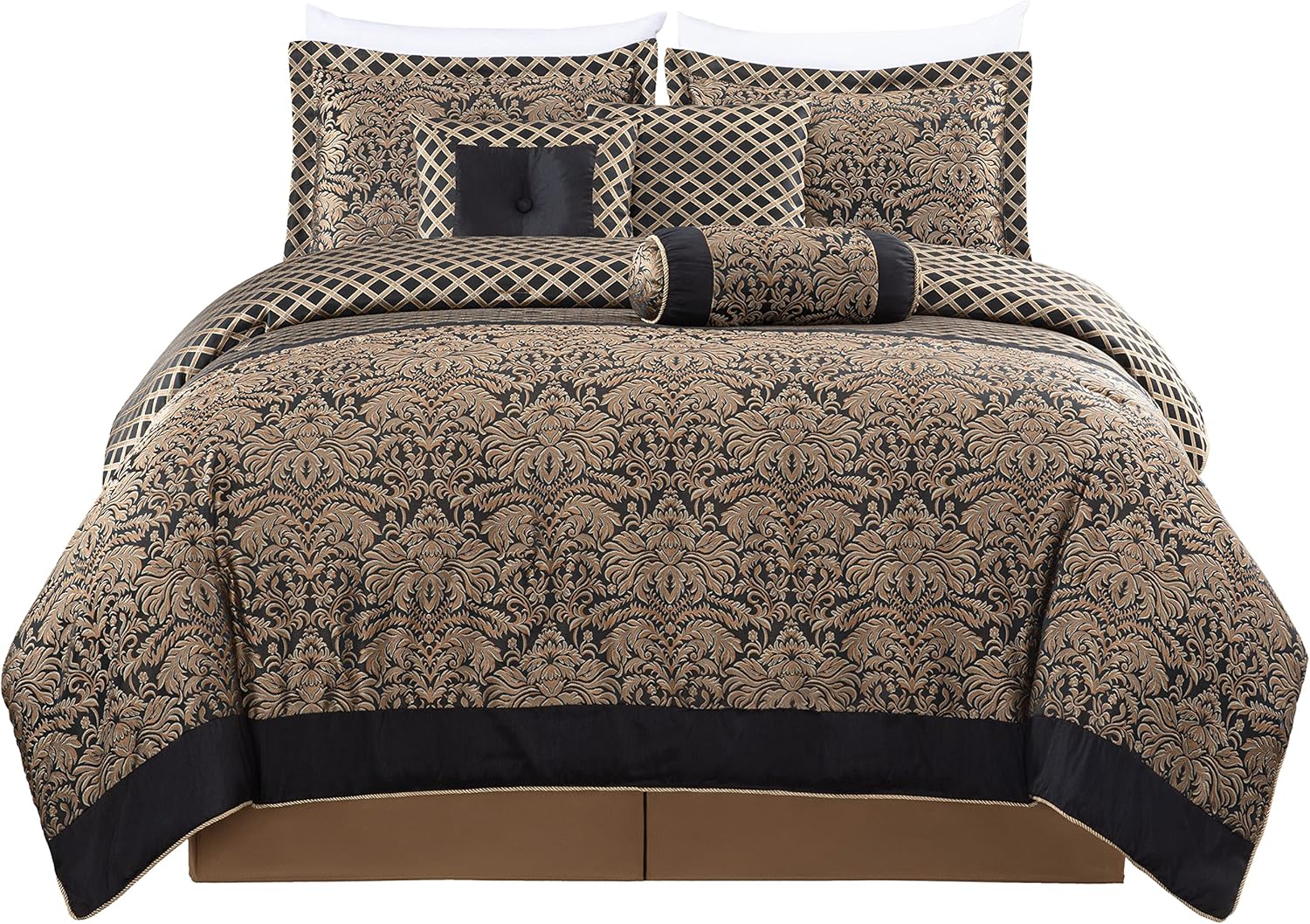 Chezmoi Collection Juego de edredón tejido jacquard de medallón floral de diamante negrodorado de 7 piezas, tamaño California King