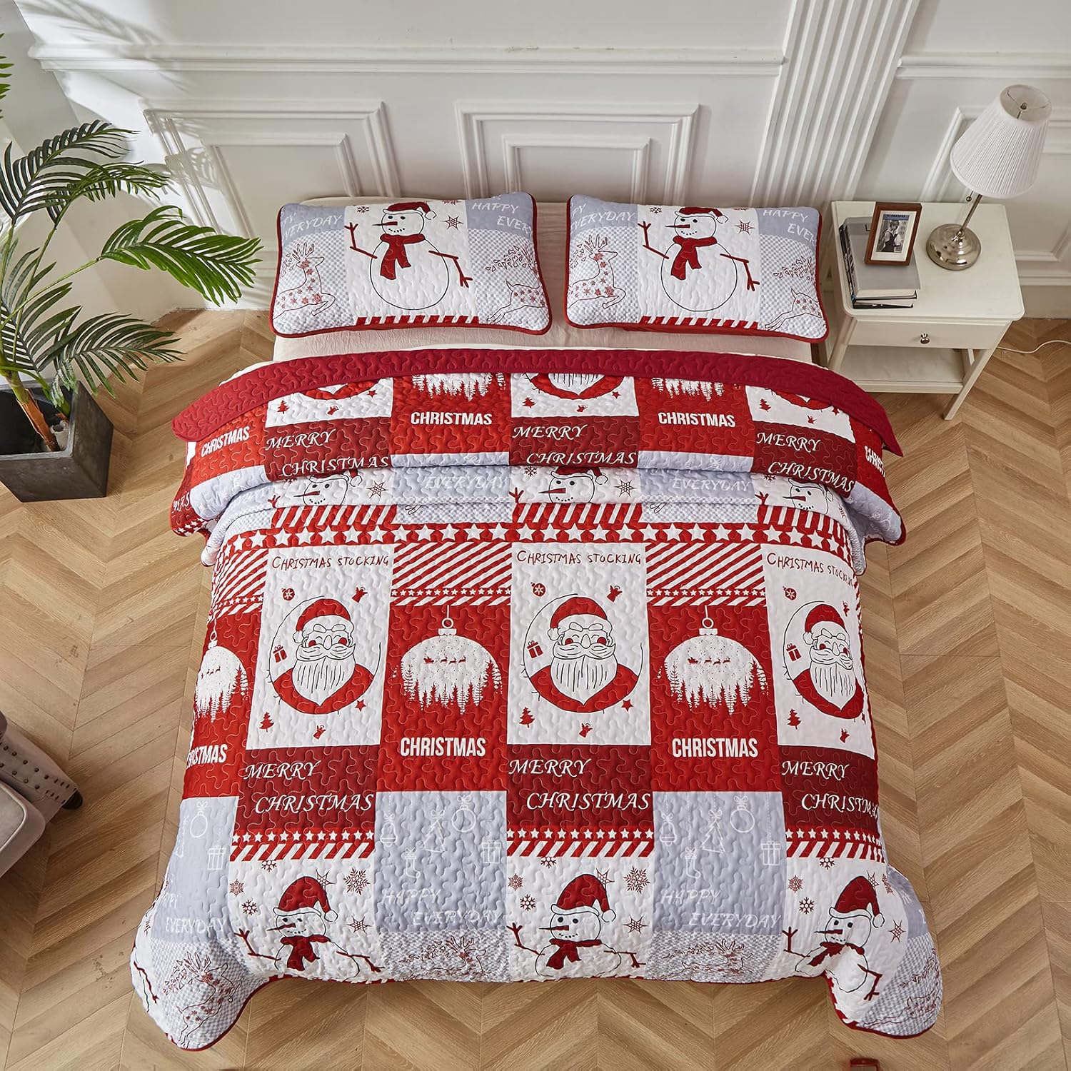 Juego de edredón de Navidad, tamaño King, con estampado rojo, Papá Noel, muñeco de nieve, colcha de microfibra suave con 2 fundas de almohada para