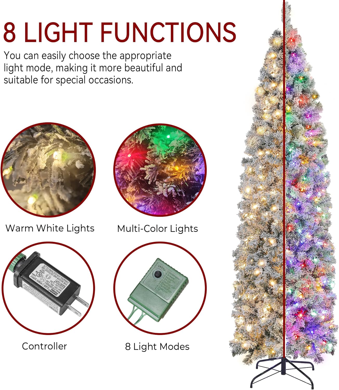 Árbol de Navidad preiluminado de 6 pies, árbol de Navidad delgado artificial con 250 luces LED multicolor y blanco cálido para decoración de Navidad