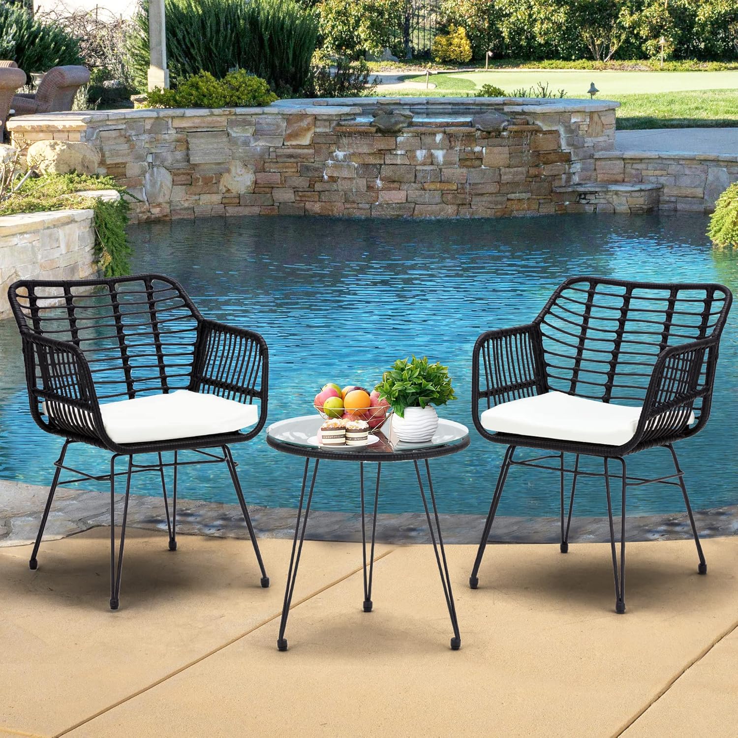 Juego de muebles de mimbre de 3 piezas, incluye 2 sillas y mesa superior de cristal, ideal para porche, al aire libre, patio, apartamento, balcón,