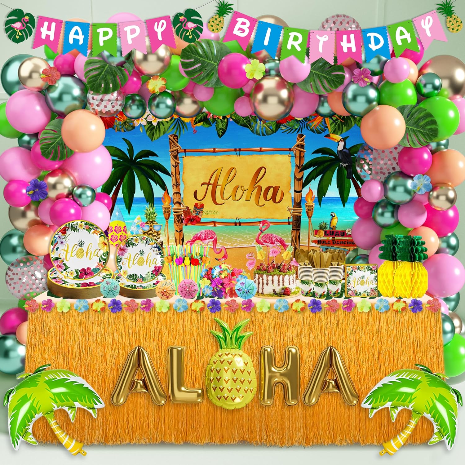 Luau – Decoraciones para fiesta de cumpleaños, 323 piezas, suministros de fiesta hawaiana tropical Aloha para verano, playa, vacaciones, juego de