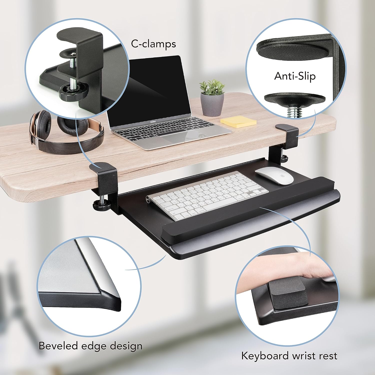 EHO Bandeja de teclado ajustable retráctil con abrazadera, bandeja ergonómica para teclado debajo del escritorio, fácil instalación sin