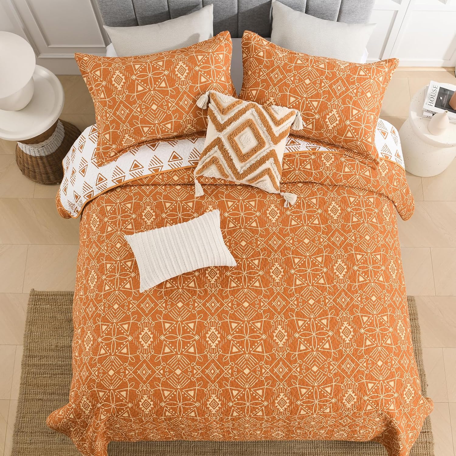 DUOHONG Juego de colcha tamaño King  Juego de colcha de 100% algodón naranja para cama King, 3 piezas geométricas de granja, reversible, rústico,