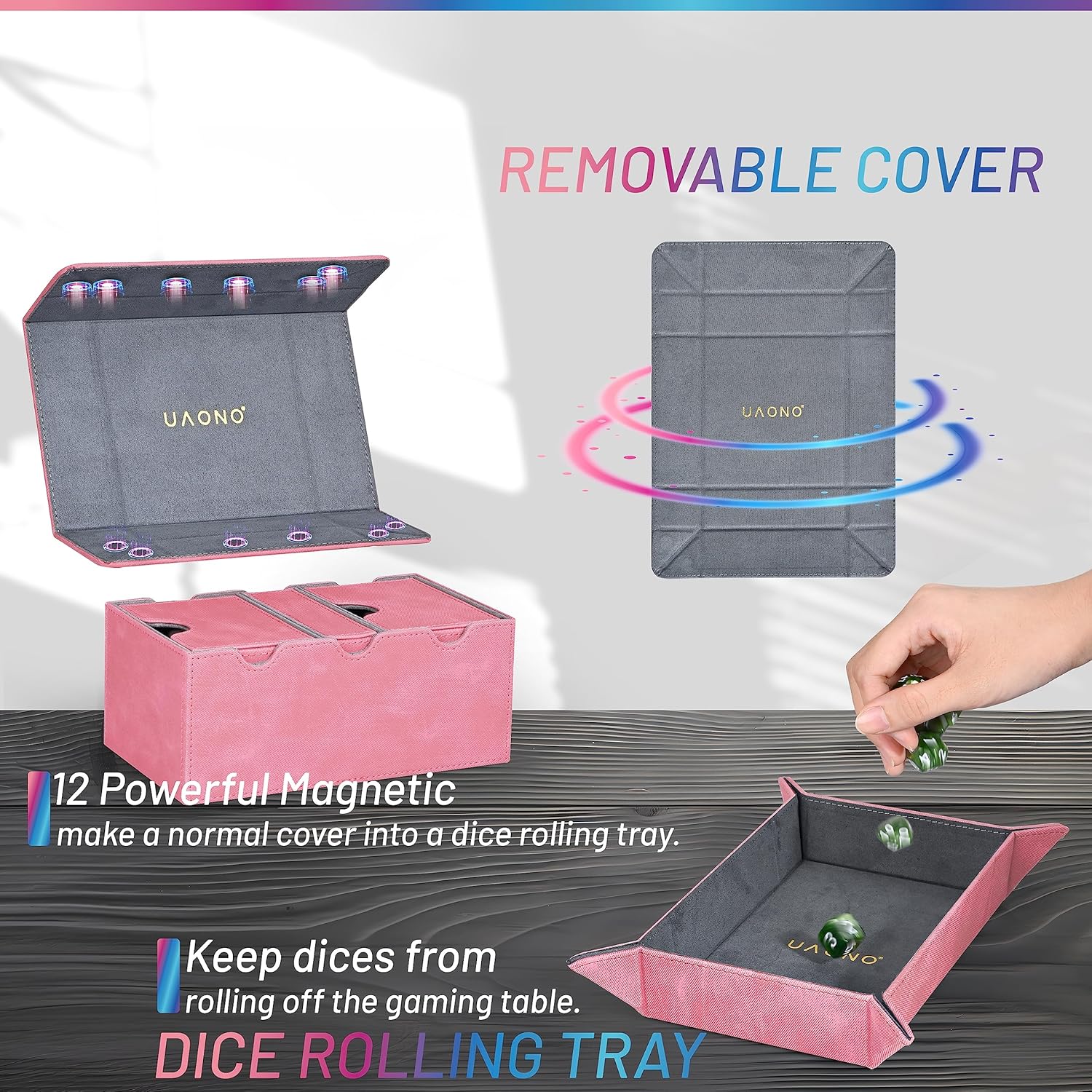 UAONO MTG – Caja de cartas con bandeja rodante de dados, caja de doble cubierta TCG con 3 bandejas para más de 200 tarjetas de doble funda, caja de