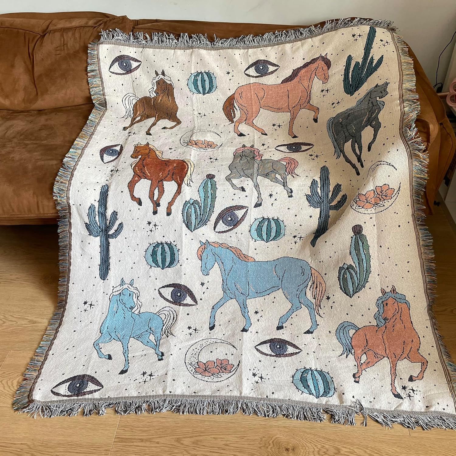 SANDOO Mantas del oeste, manta bohemia tejida con patrón de caballo, 51 x 71 pulgadas, manta bohemia con borla, manta azteca occidental, mantas del