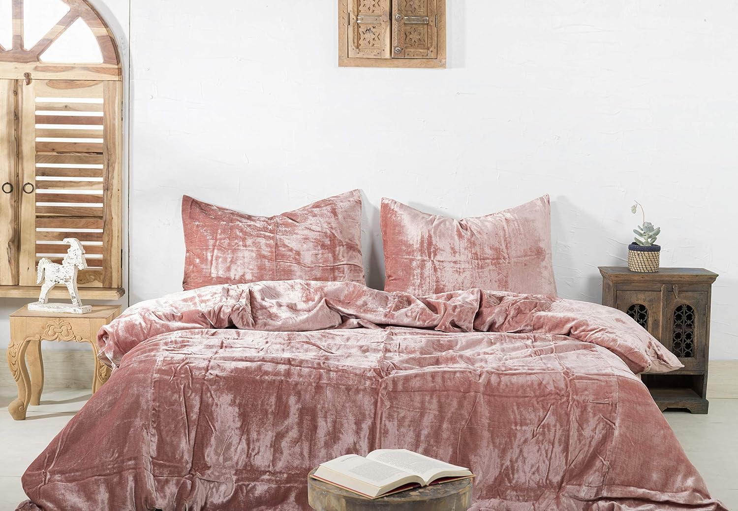 Labhanshi Juego de 3 piezas de lujo de terciopelo rosa aplastado, ropa de cama bohemia, funda de edredón UO, funda de edredón Donna, funda de