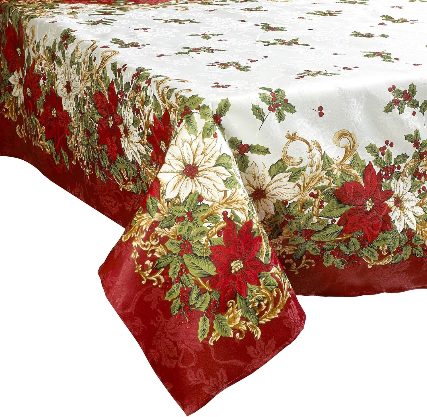 Violet Linen Mantel decorativo de Navidad con flores europeas, estampado de flor de pascua y bayas de acebo, 60 x 84 pulgadas