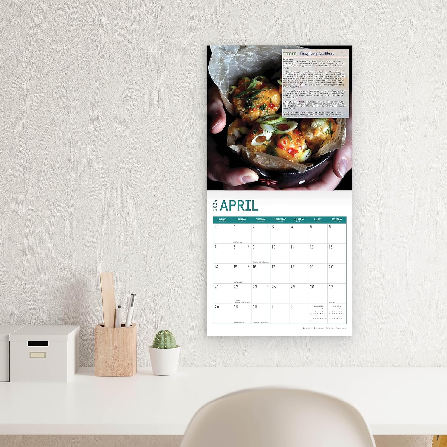 Bright Day – Calendario mensual de pared de recetas veganas 2024, calendarios por una causa, 12 x 12 pulgadas, embalaje sin plástico, regalo de
