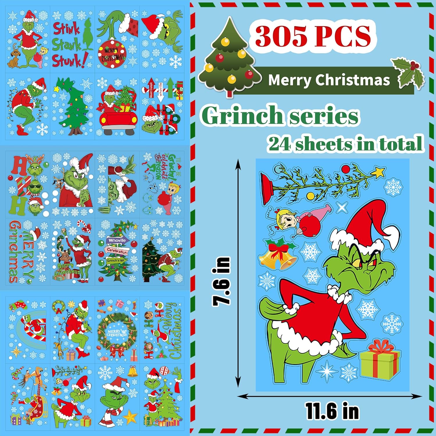 308 calcomanías de Navidad impermeables de doble cara para decoración de Navidad, copos de nieve, calcomanías de ventana para ventanas de vidrio,
