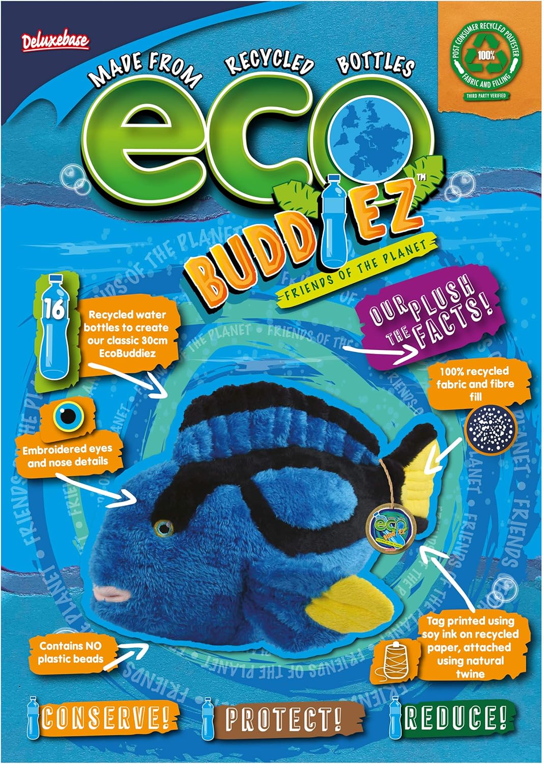 EcoBuddiez – Blue Tang de Deluxebase. Gran juguete de peluche suave de 16 pulgadas hecho de botellas de plástico recicladas. Regalo ecológico para