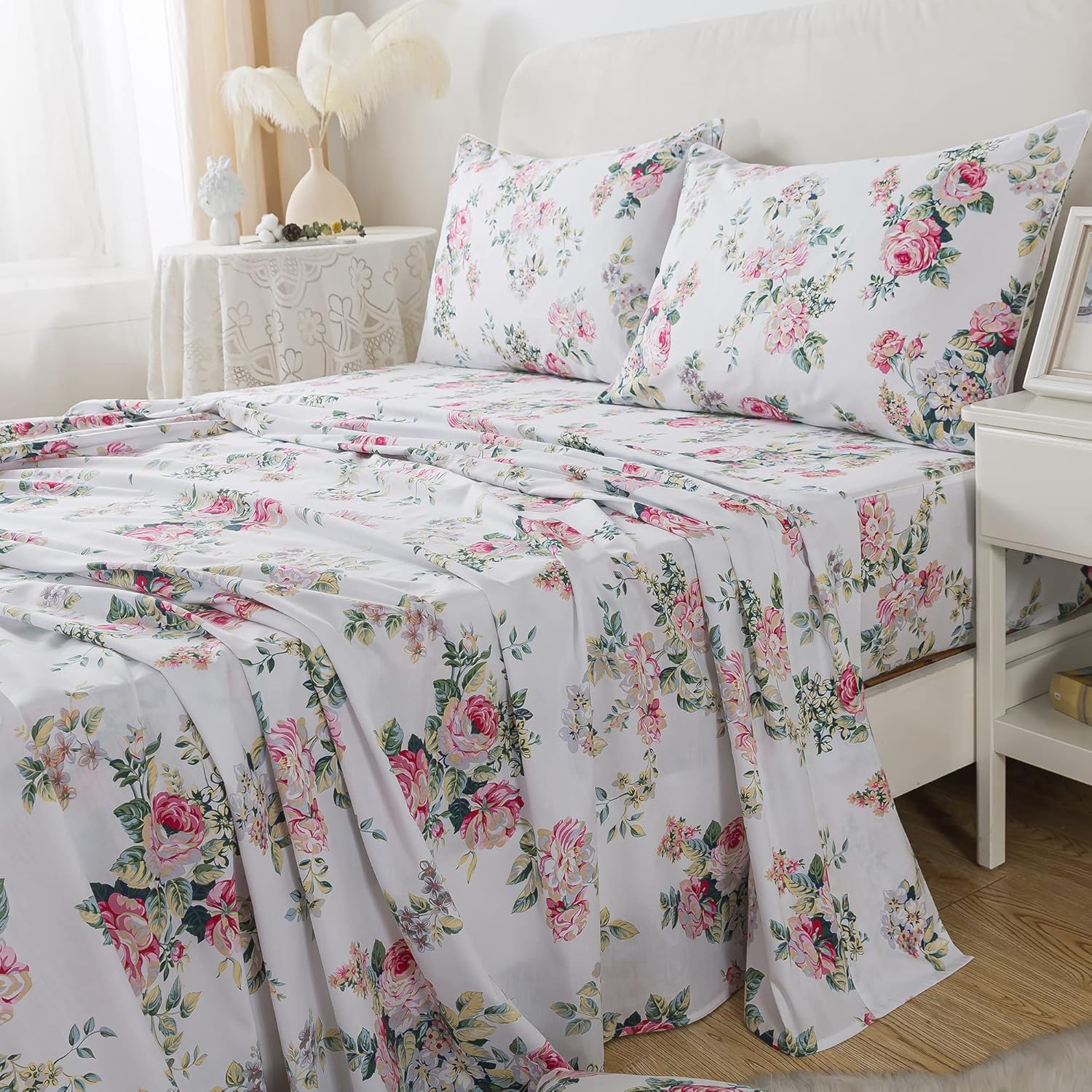 FADFAY Sheets Set Cal King Pink Rose Floral Bedding Shabby Peony Flower Bed Sheet Set Vintage Farmhouse Bedding 100% Cotton Breathable Bedding with