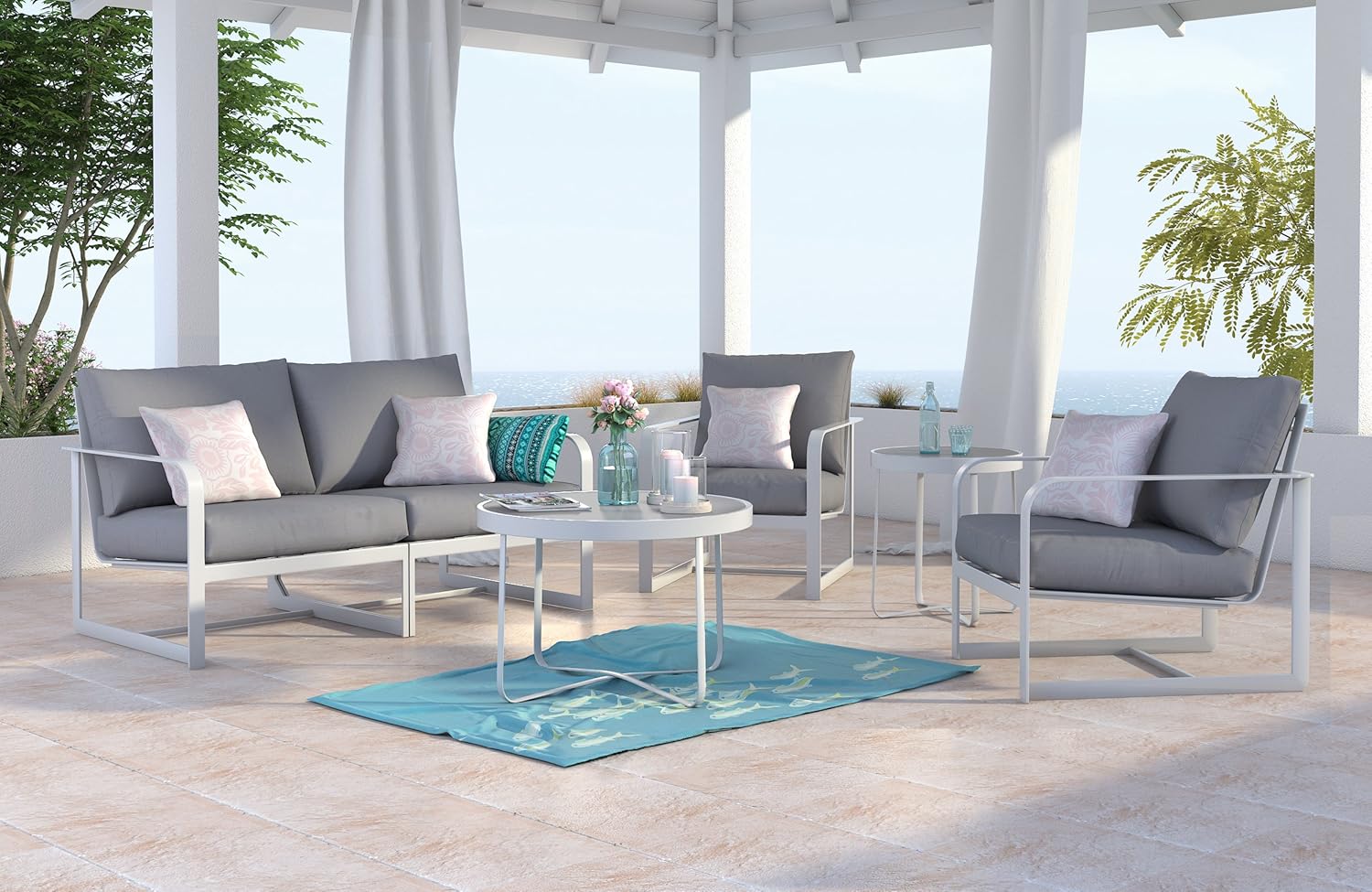 Elle Decor Modern Mirabelle – Colección de muebles modulares para patio al aire libre, marco blanco u dorado, otomano, blanco