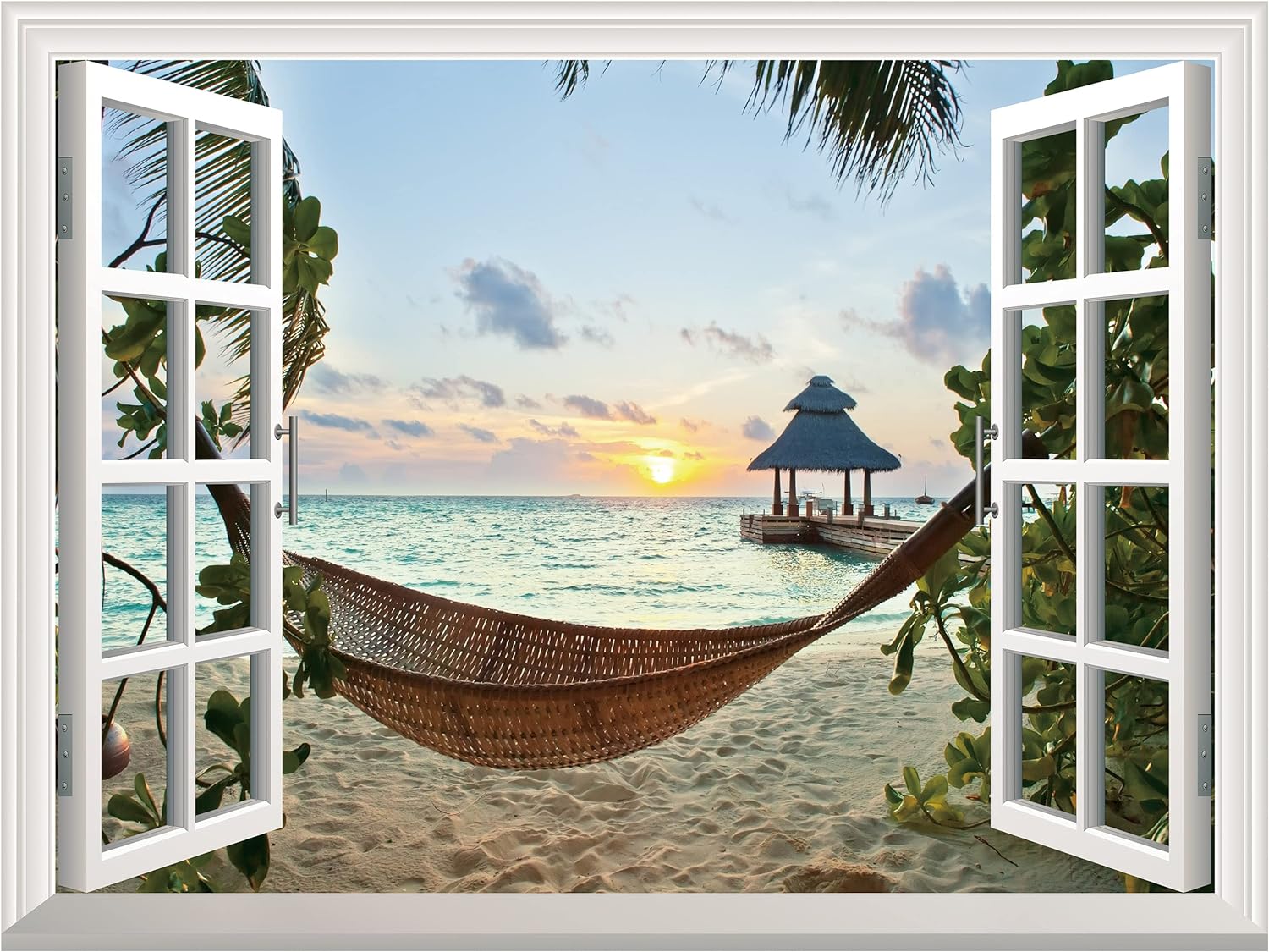 FLFK Adhesivo de pared falso para ventana, mural de pared para ventana de playa y puesta de sol para decoración de pared, calcomanías de pared para