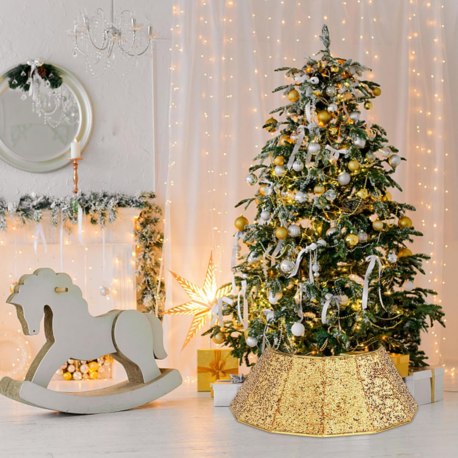 Blissun Collar de árbol de Navidad, falda de árbol de Navidad con lentejuelas, anillo plegable para árbol de Navidad, cubierta de base para árbol de