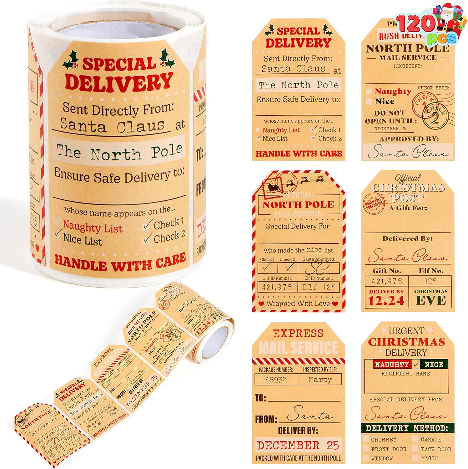 JOYIN 120 etiquetas de regalo de Navidad de 2.2 x 3.1 pulgadas, etiquetas autoadhesivas de papel kraft para envoltura de regalos, regalos de fiestas