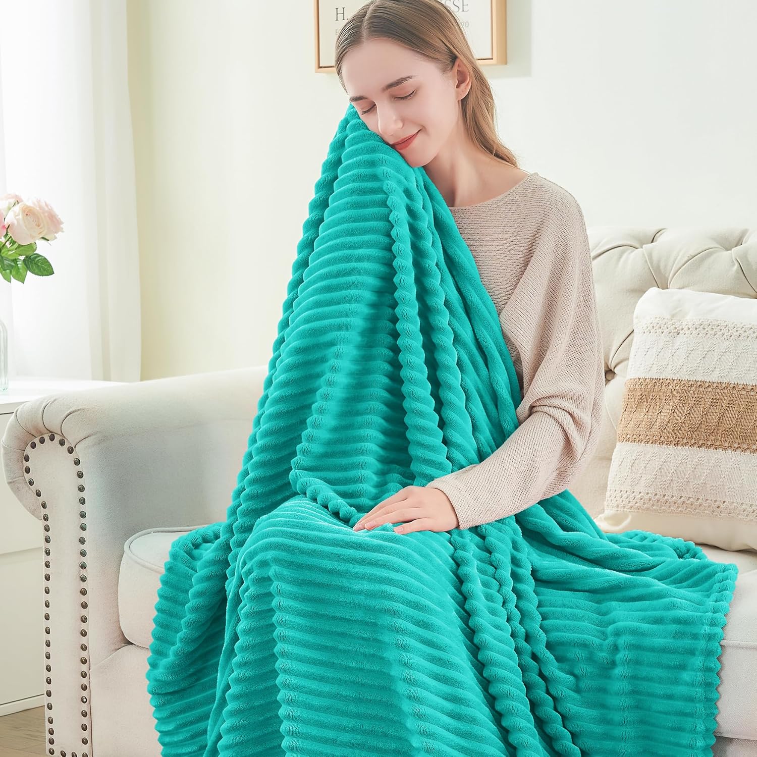 BEDELITE Manta de vellón tamaño individual  Manta decorativa mullida de jacquard acanalado en 3D, suave y cálida, acogedora, esponjosa, ligera de