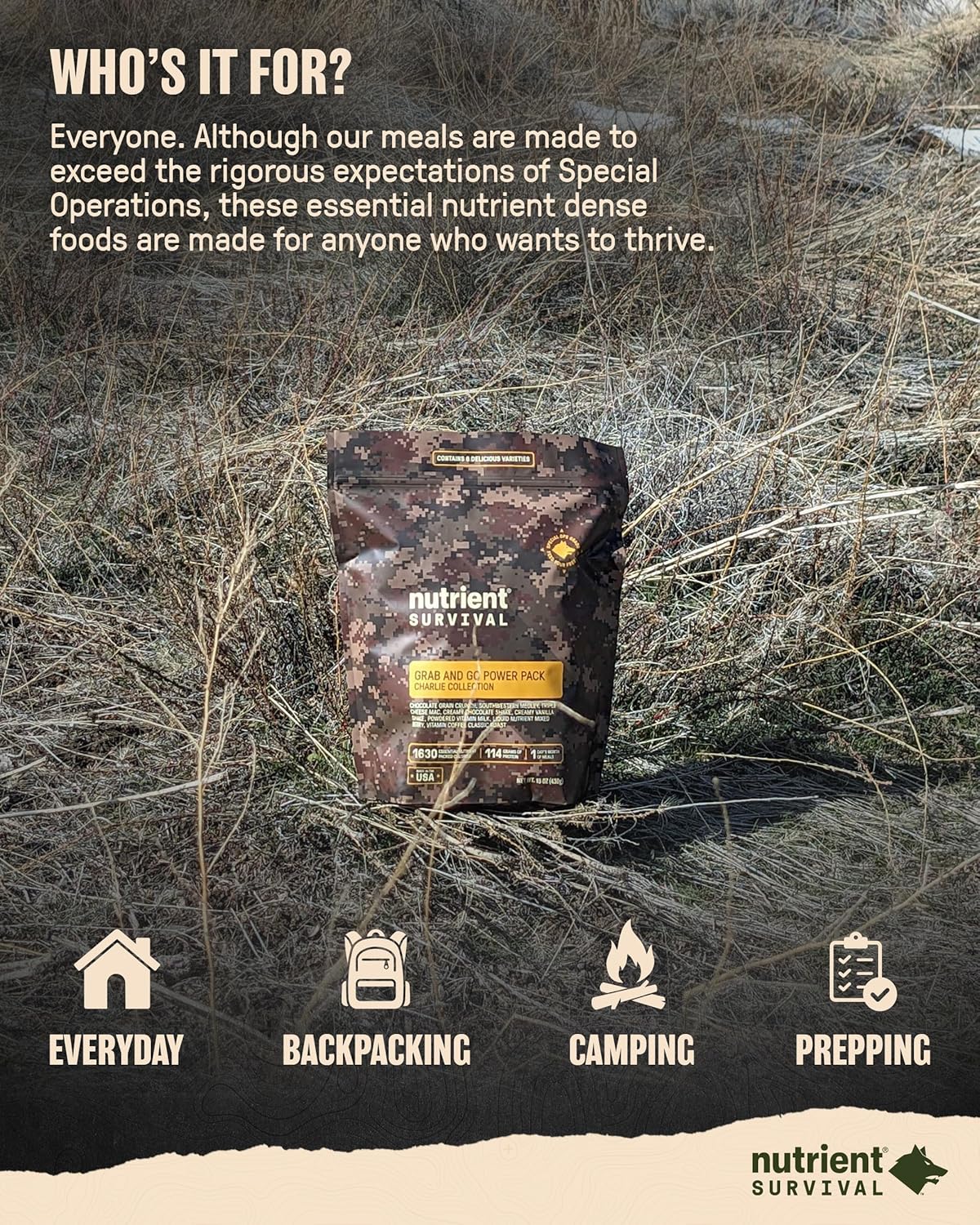 Nutrient Survival MRE Charlie Grab and Go Power Pack (8 porciones empaquetadas individualmente) comidas listas para comer, suministros de