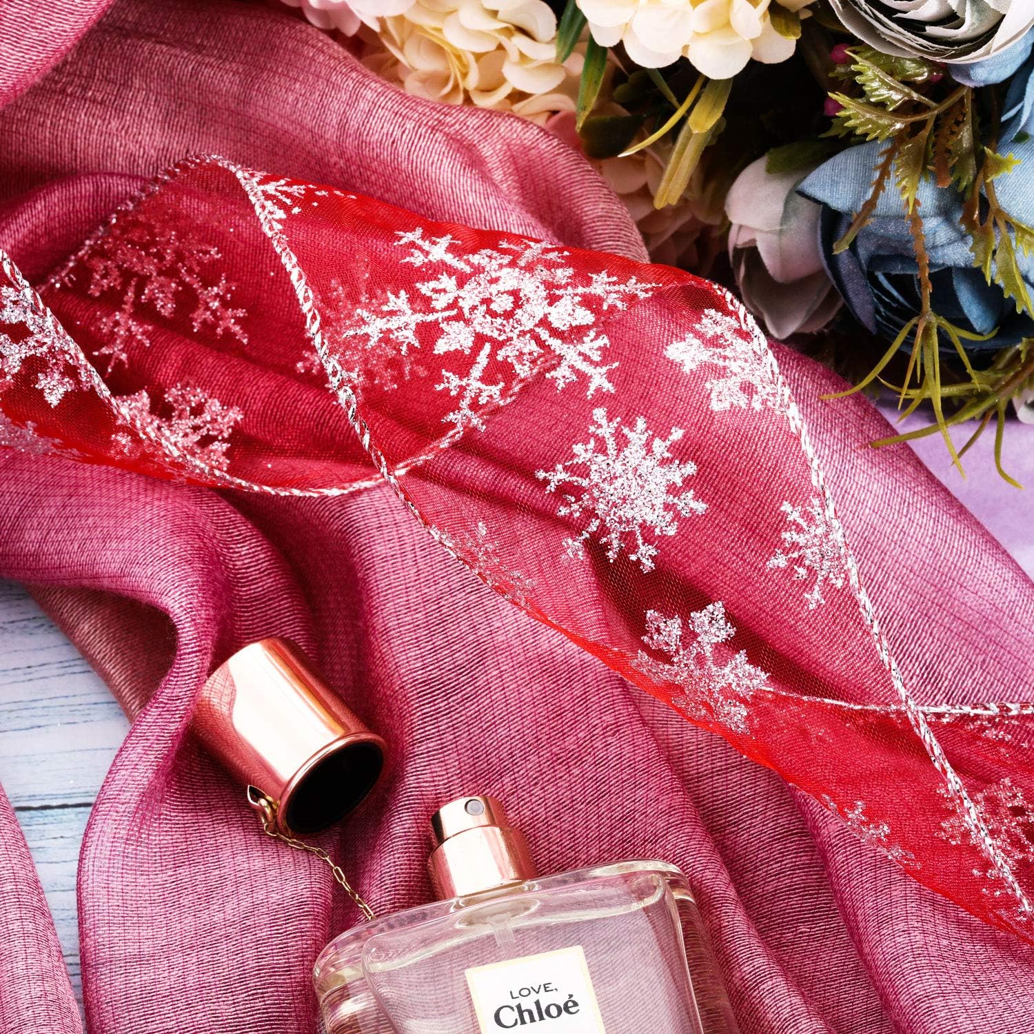 Boao Cinta de organza de 2.5 in de ancho con copos de nieve, cinta transparente con purpurina con carrete para decoración de Navidad, envoltura de