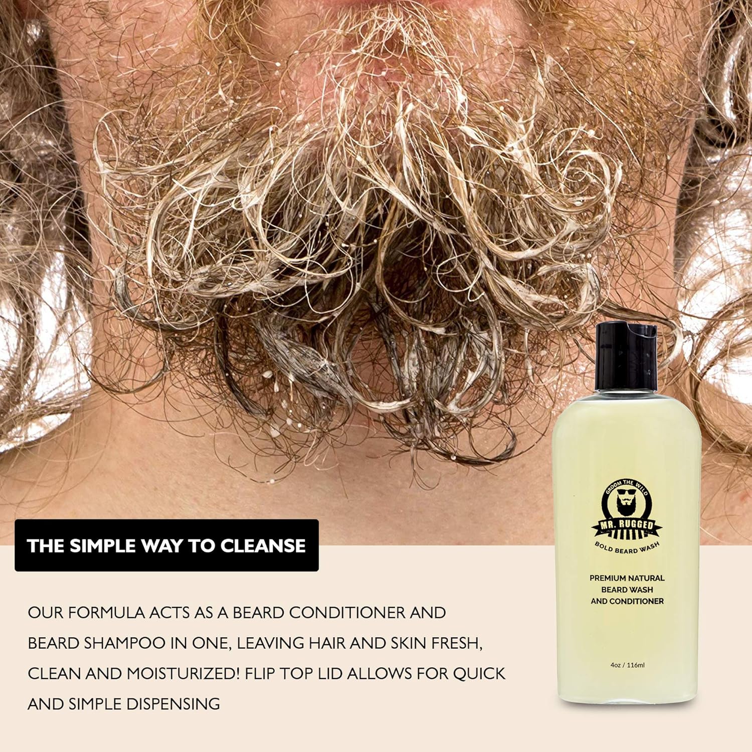 Mr Rugged Jabón y acondicionador de barba para hombres (menta 2 en 1, botella de 4 onzas) champú natural para barba suave – fortalece y mejora el