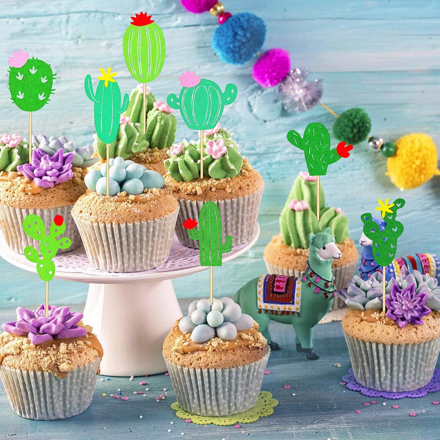 Decoración para cupcakes de cactus para cumpleaños, baby shower, suministros de fiesta, cactus, llama, decoración de tartas, 32 piezas