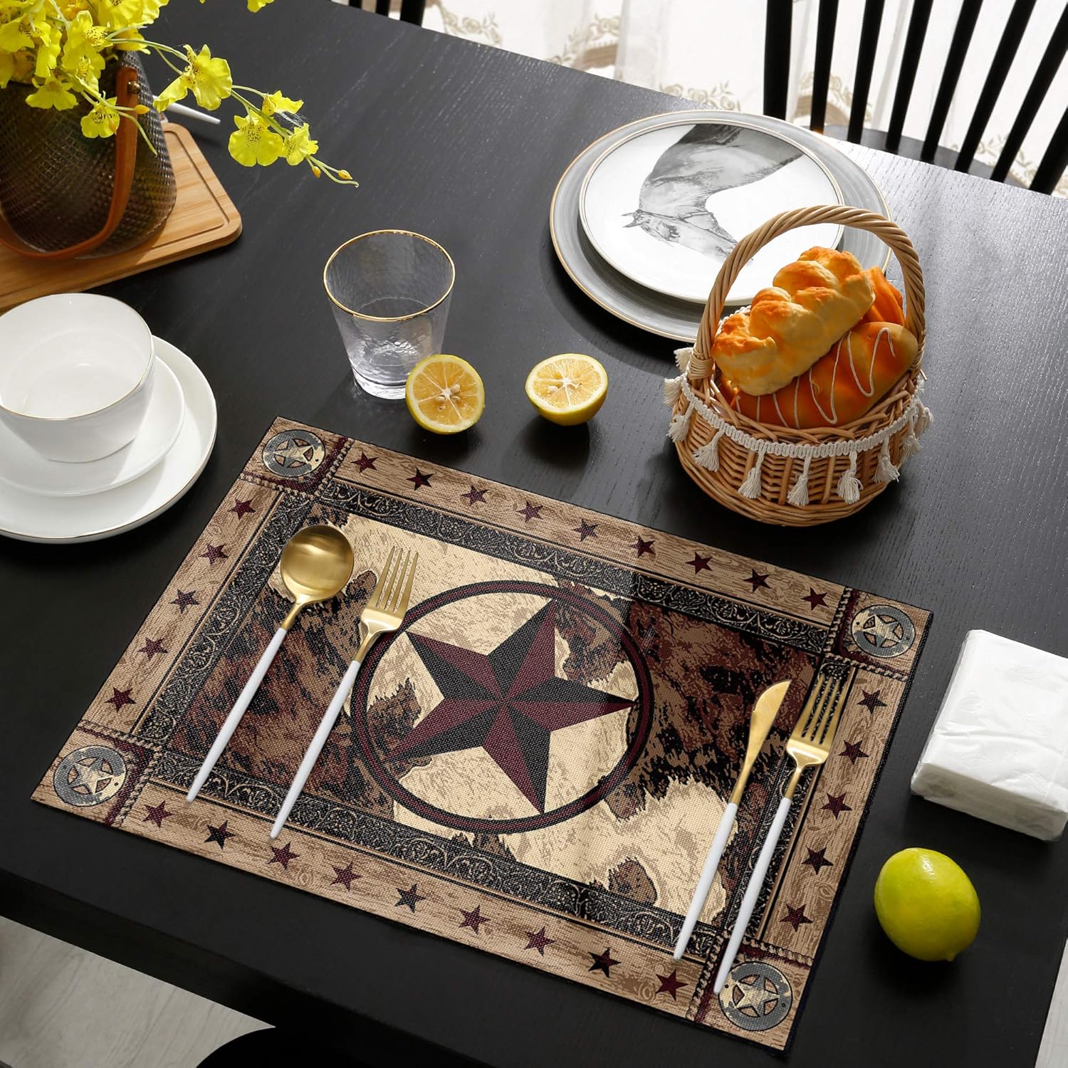 Western Texas – Juego de 6 manteles individuales para mesa de comedor, rústicos vintage para cocinacomedor, antideslizantes, duraderos, lavables,