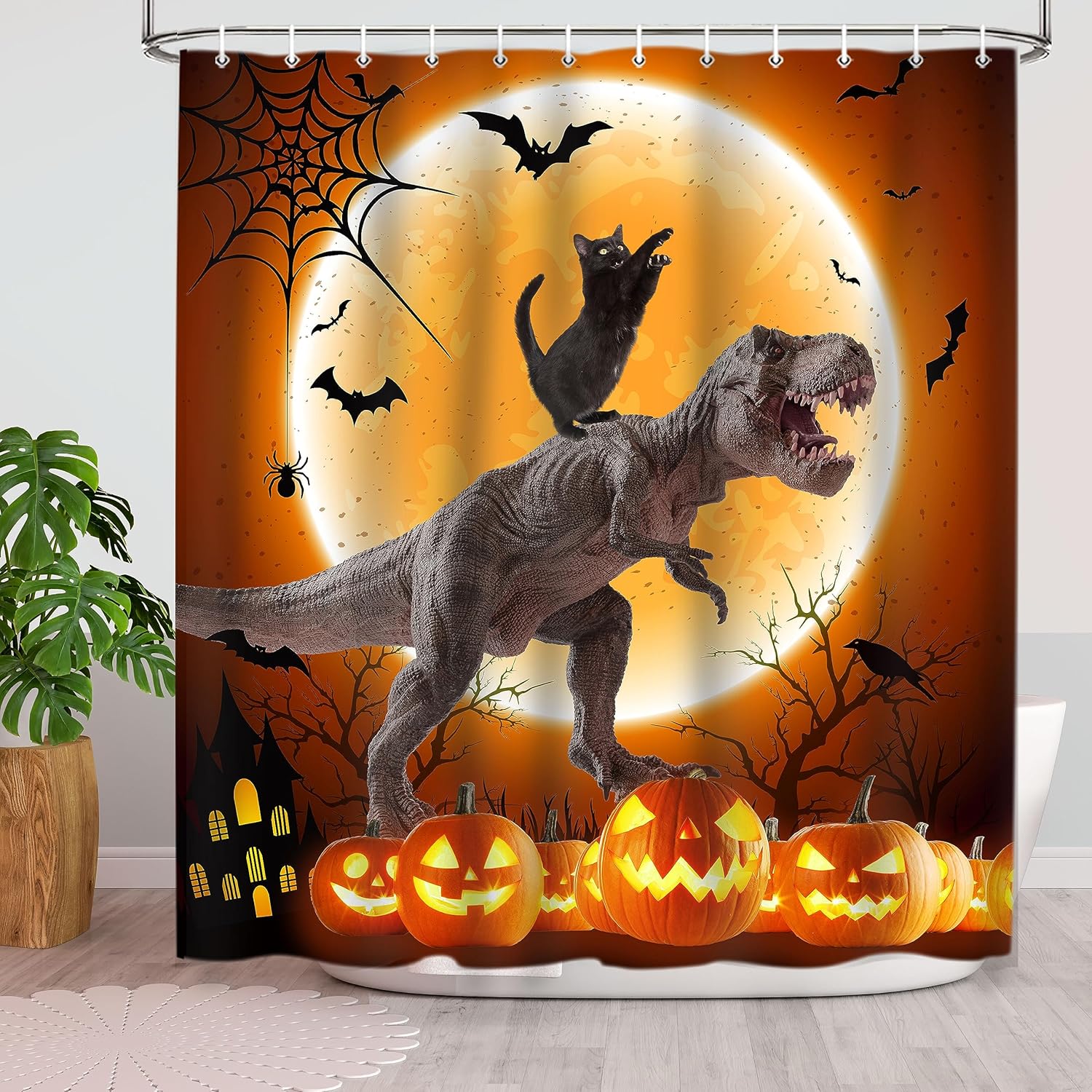 Cortina de ducha de gato de Halloween, divertido juego de cortina de ducha de dinosaurio para niños con temática de gato negro, diseño de decoración