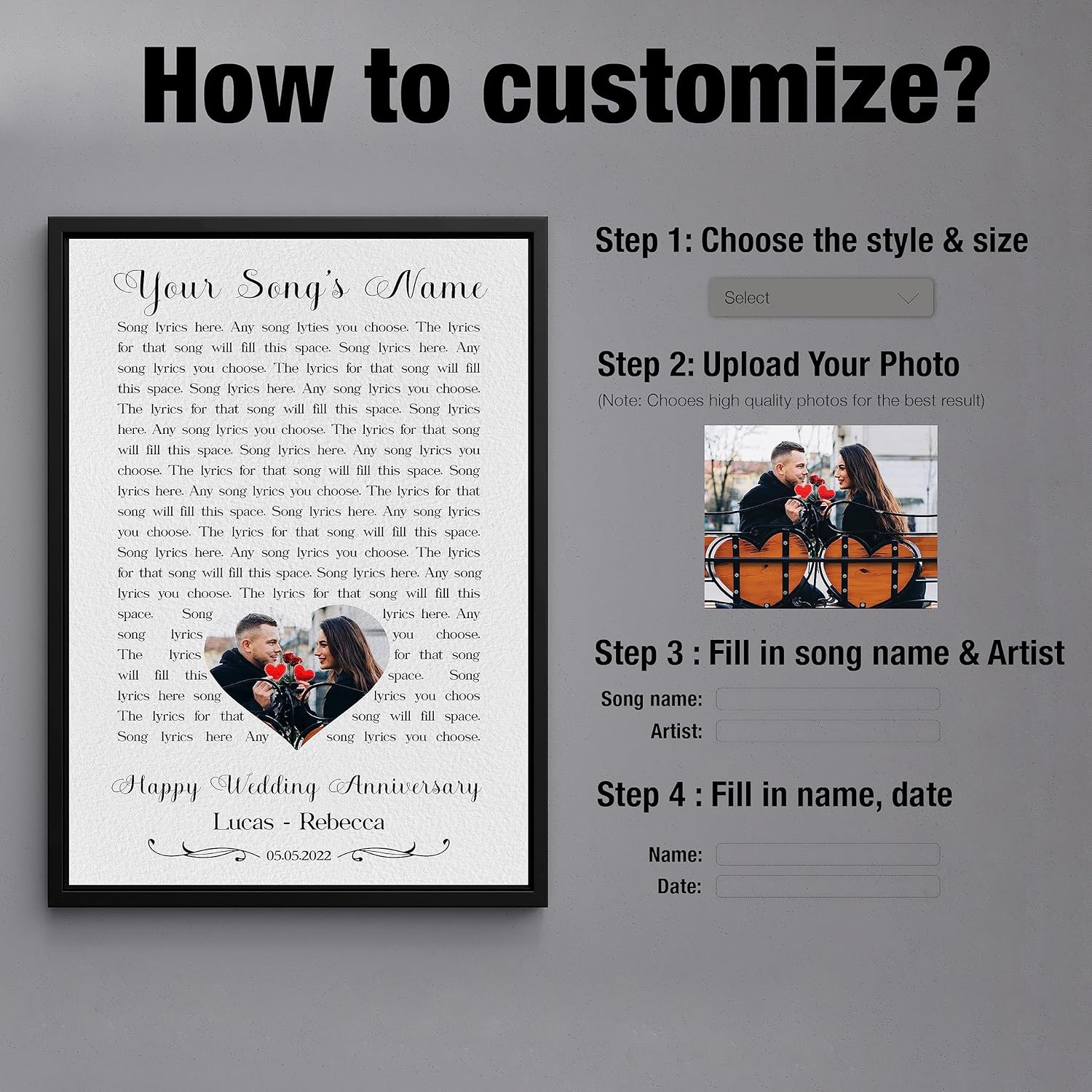 Póster personalizado impreso con texto en inglés Our Song, marco de aniversario, marco, esposa, decoración de pared, baile de boda, lienzo, canción