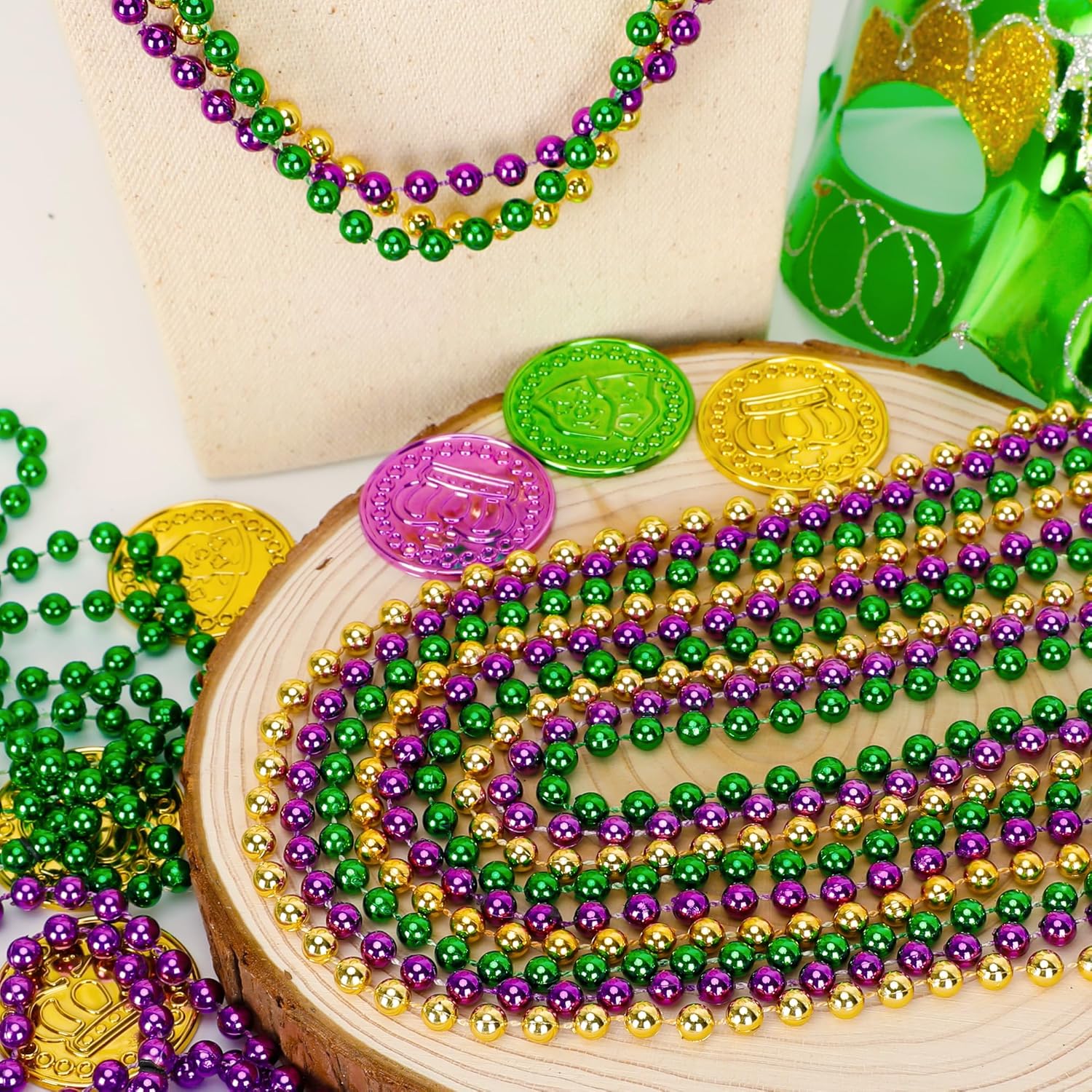 120 cuentas de Mardi Gras, collar de cuentas de 33 pulgadas, accesorios de Mardi Gras morado, dorado y verde, collares de disfraz de fiesta, mantas