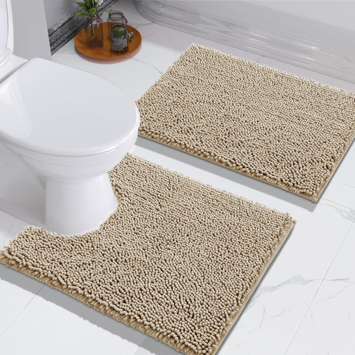 Yimobra Juego de 2 alfombras de baño en forma de U, 24 x 17 + 24 x 20 pulgadas, tapete de baño de felpilla suave para baño, alfombras de baño ultra