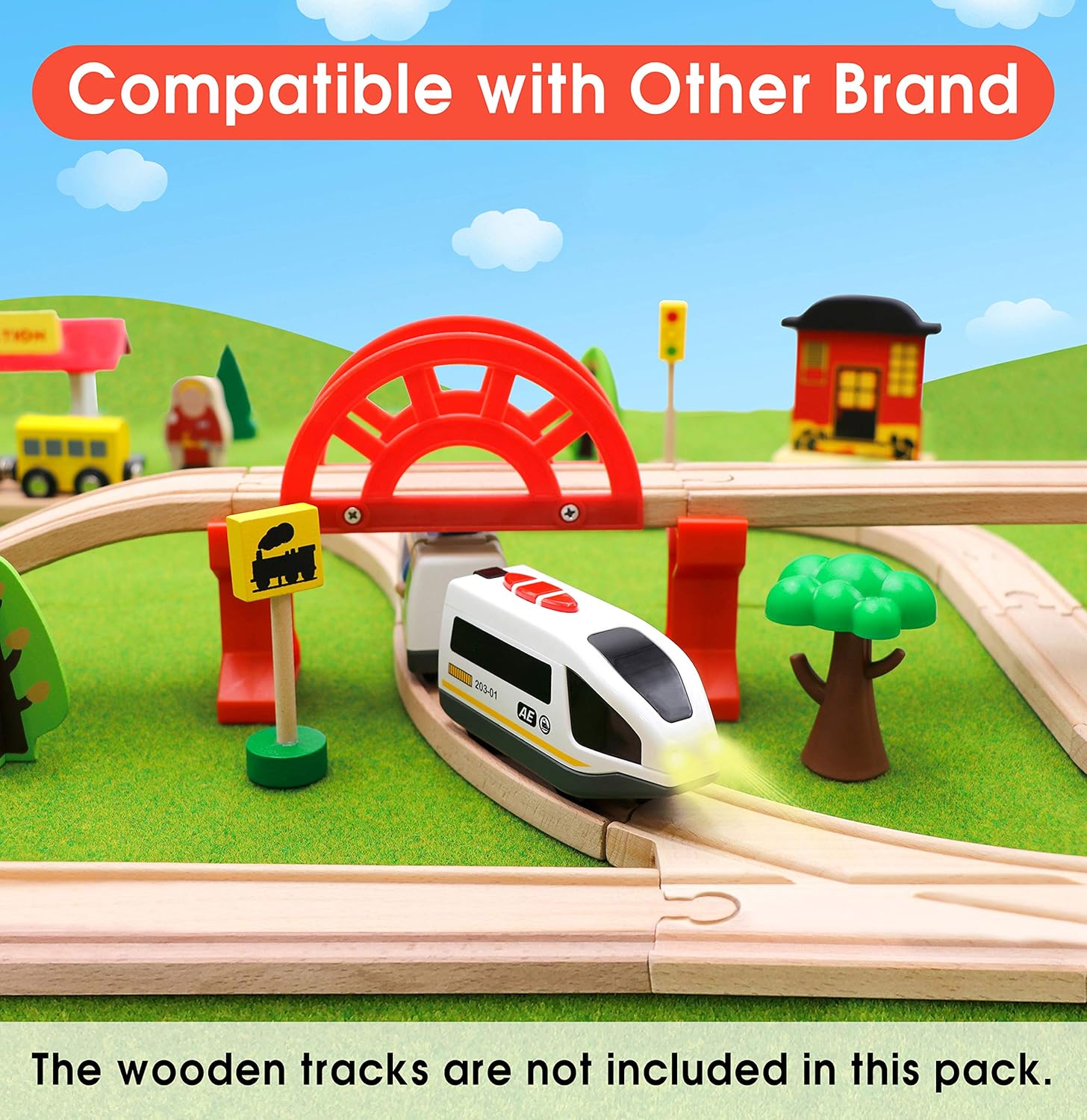 Tiny Land Battery Operated Action Locomotive Train (Magnetic Connection)- Powerful Engine Bullet Train Set Compatible with Thomas, Brio, Chuggington