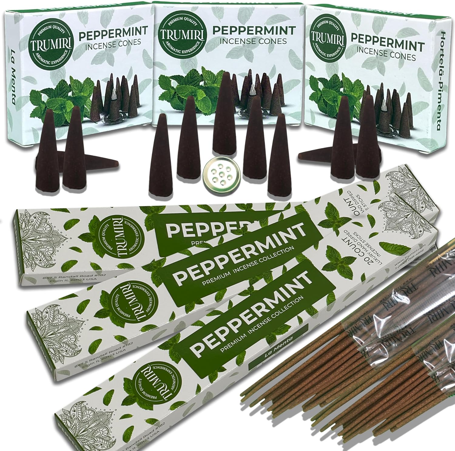 Paquete combinado de palitos de incienso de menta y conos de incienso, 60 varillas de incienso + 30 conos de insencia, incienso perfumados, insents