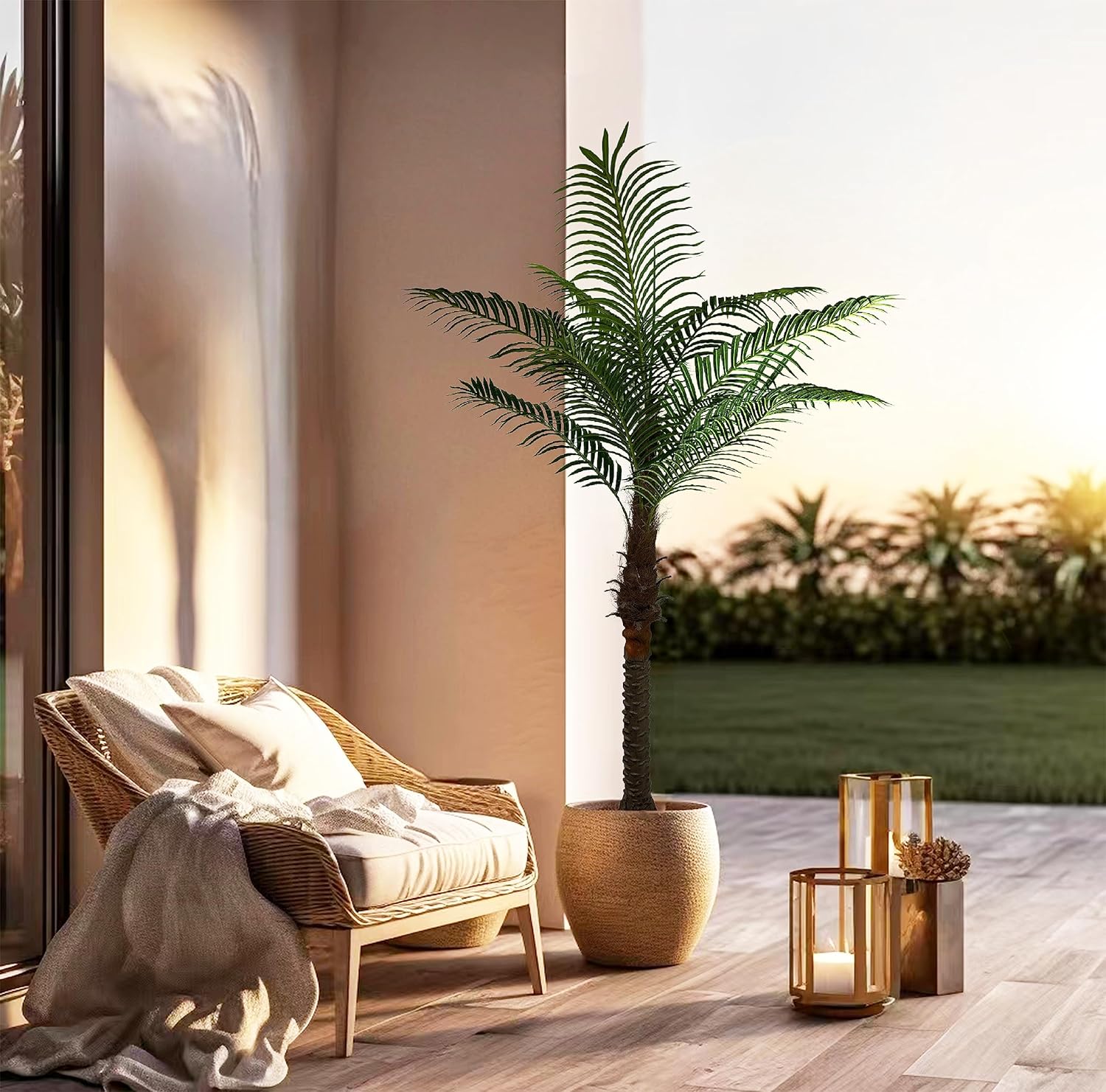 Palmera artificial de 7.5 pies de alto, plantas de palmeras al aire libre para patio exterior, árboles para decoración (juego de 1)