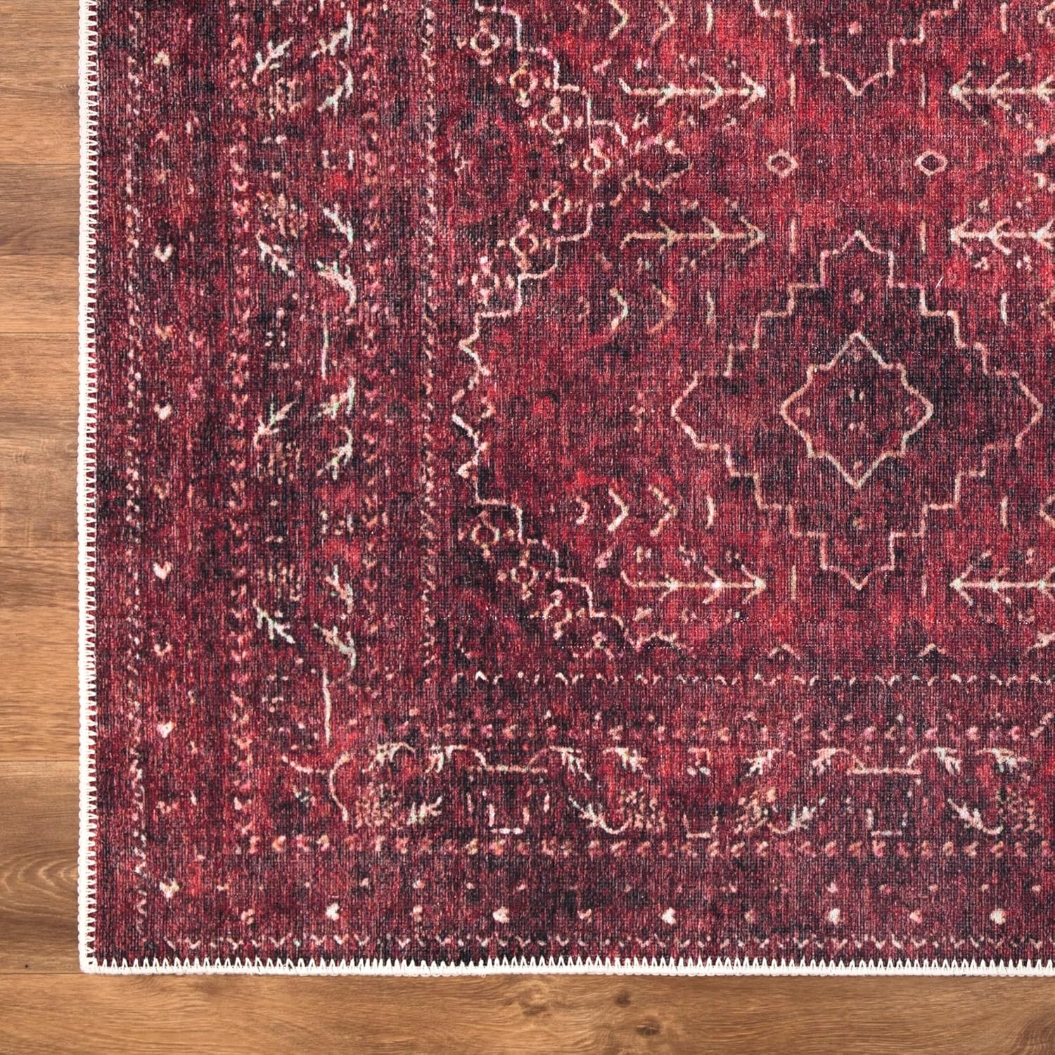 Bloom Rugs Alfombra de pasillo lavable antideslizante de 10 pies  Rojo oscuro con borde tradicional para entrada, pasillo, baño y cocina  Tamaño
