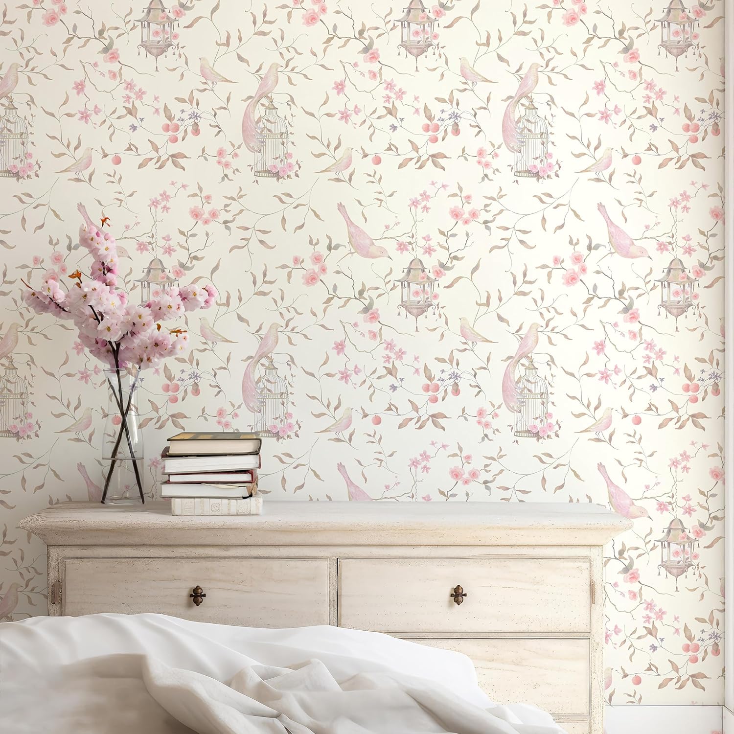 Papel tapiz chinoiserie con pájaro rosa y flores, papel tapiz francés para dormitorio, papel tapiz apto para inquilinos, despegar y pegar extraíble