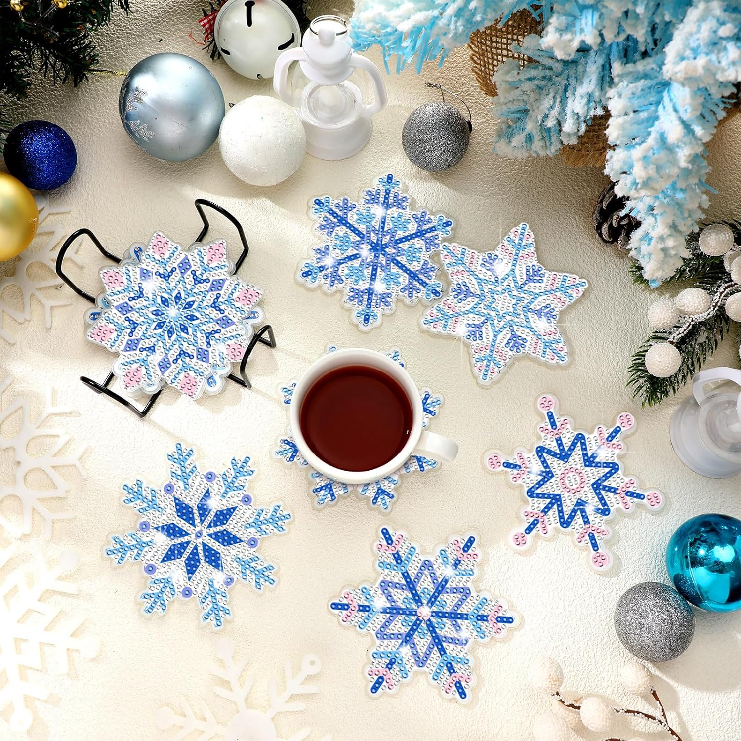 Juego de 10 posavasos de pintura de diamante 5D con copos de nieve, acrílico de invierno, posavasos de diamantes de copo de nieve con soporte base