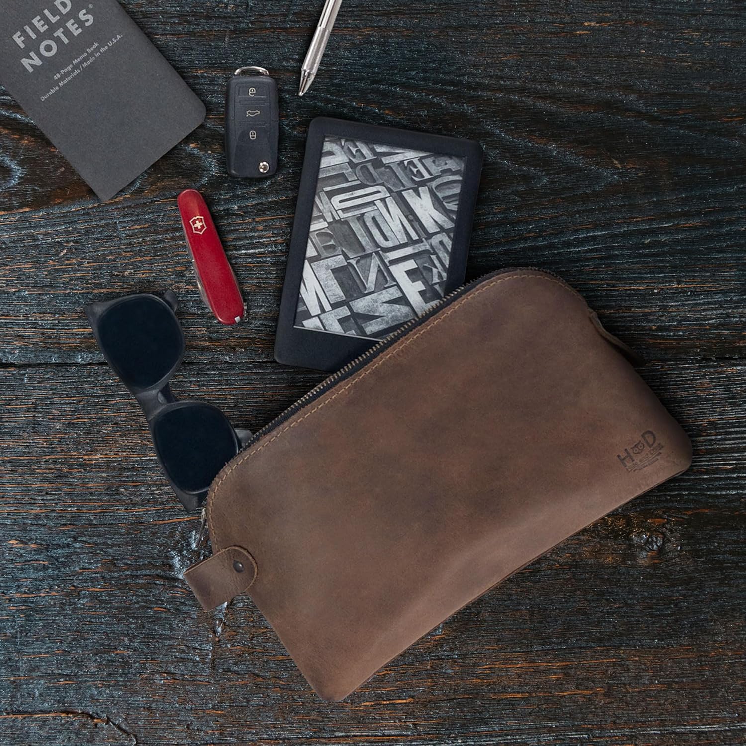 Hide & Drink, Bolsa grande rústica multiusos para cables y cargadores, bolsa de viaje, bolsa multiusos, cuero de grano completo, hecho a mano,