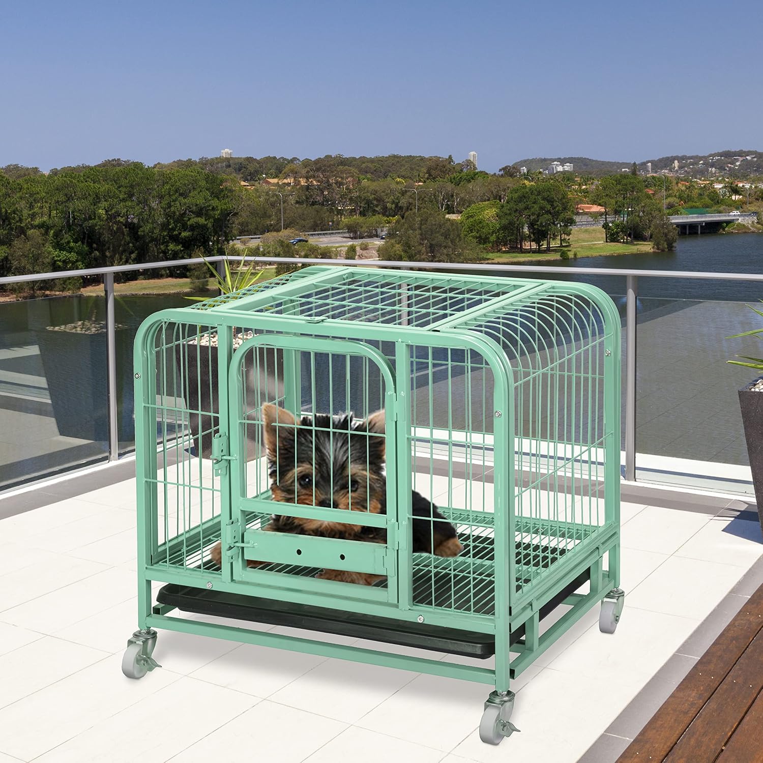 Jaula resistente para perros de metal verde fuerte con ruedas bloqueables y bandeja para perros pequeños de interior, 26 x 17 x 22 pulgadas