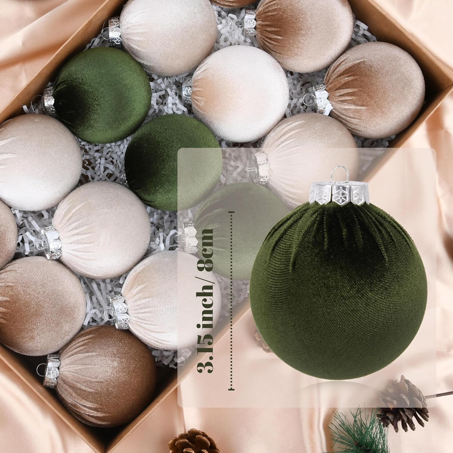 Bolas de terciopelo para árbol de Navidad, paquete de 15 bombillas de Navidad inastillables, multicolor, verde, marrón, neutro, 3.150 in, 3.15