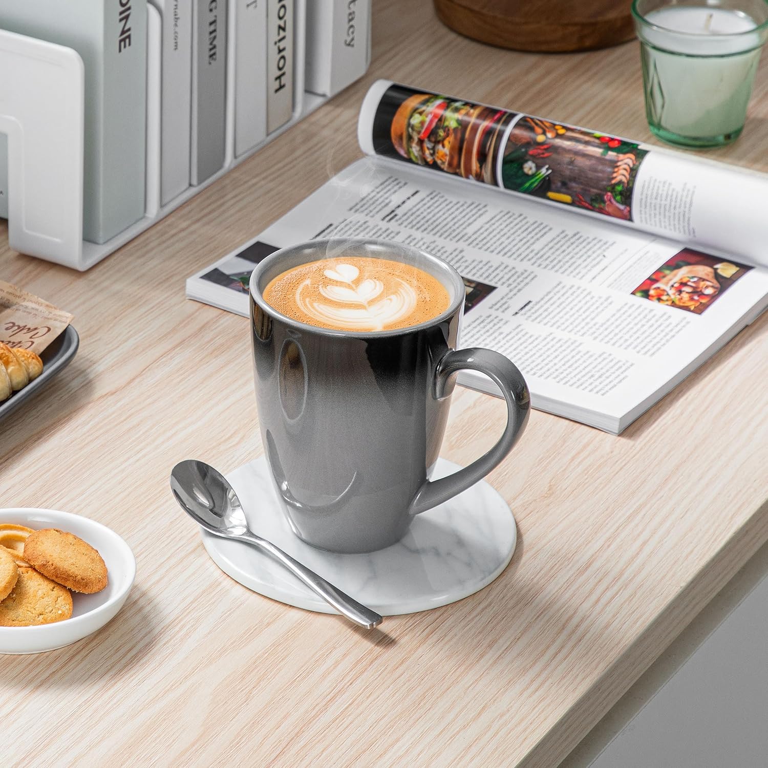 LOVECASA Juego de 4 tazas de café, tazas de porcelana de 20 onzas para café, té, cacao, capuchino, café con leche y leche, diseño de mango grande,