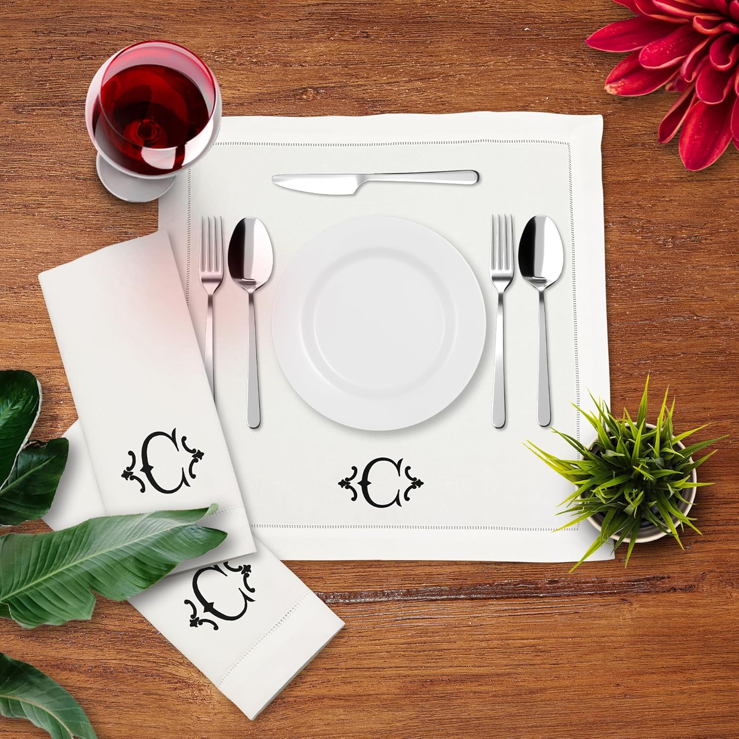Servilletas de mesa de algodón de alta calidad con inicial bordada, paquete de 4, 20 x 20 pulgadas, lavables, diseño de vainica, elegantes