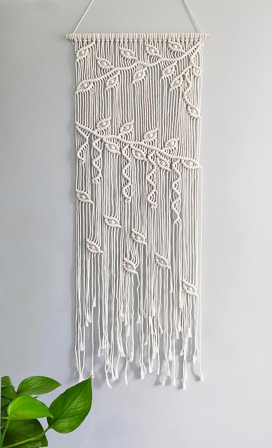 Winterdemoon Cortina de macramé para colgar en la pared, decoración bohemia con cuentas, decoración de pared de macramé, decoración de pared de