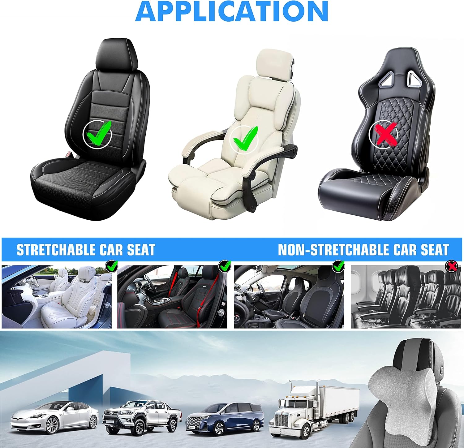 Almohada para el cuello del auto para asiento de conducción, almohada para reposacabezas de automóvil con correa ajustable, almohada de apoyo de