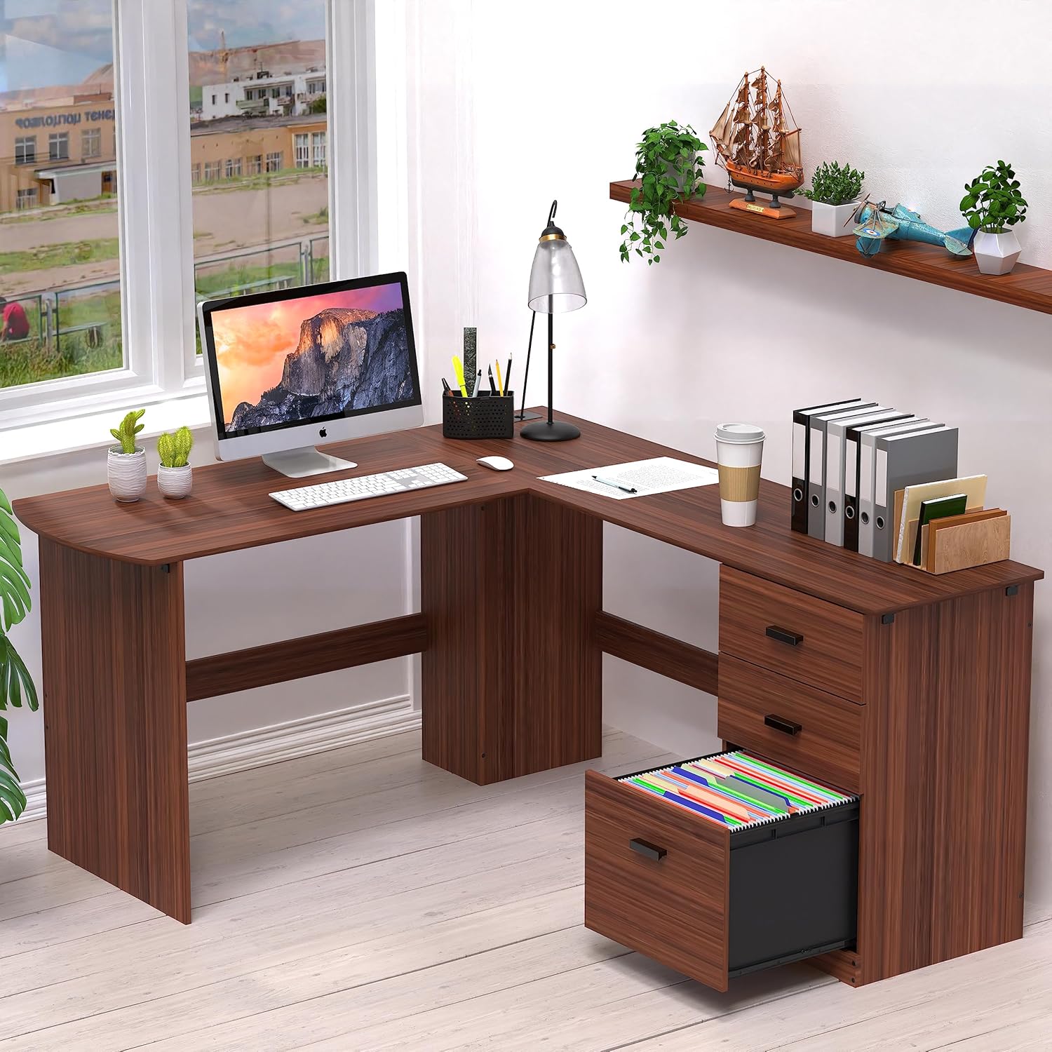 SHW Escritorio esquinero de madera en forma de L para oficina en casa con 3 cajones, nogal