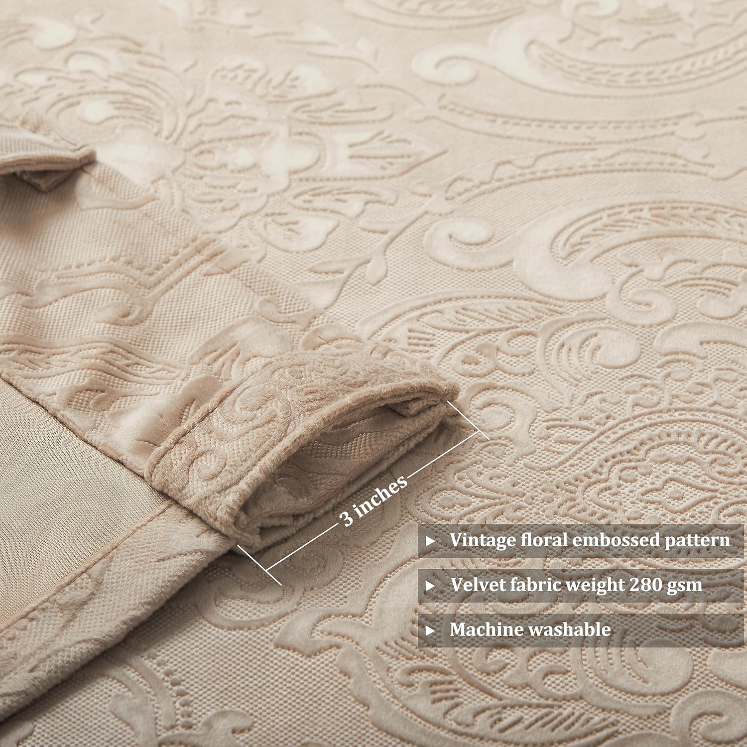 GIGIZAZA Cortinas de terciopelo beige de 84 pulgadas de largo para sala de estar, 2 paneles de cortinas bohemias de lujo con estampado de flores en