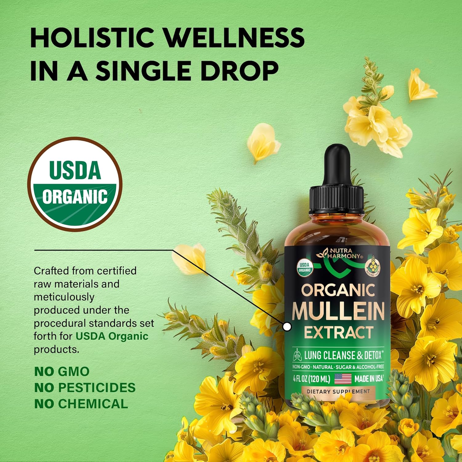 USDA – Gotas de gordolobo orgánico para pulmones – Suplemento de extracto de hoja de gordolobo – Hecho en Estados Unidos – Limpieza pulmonar y