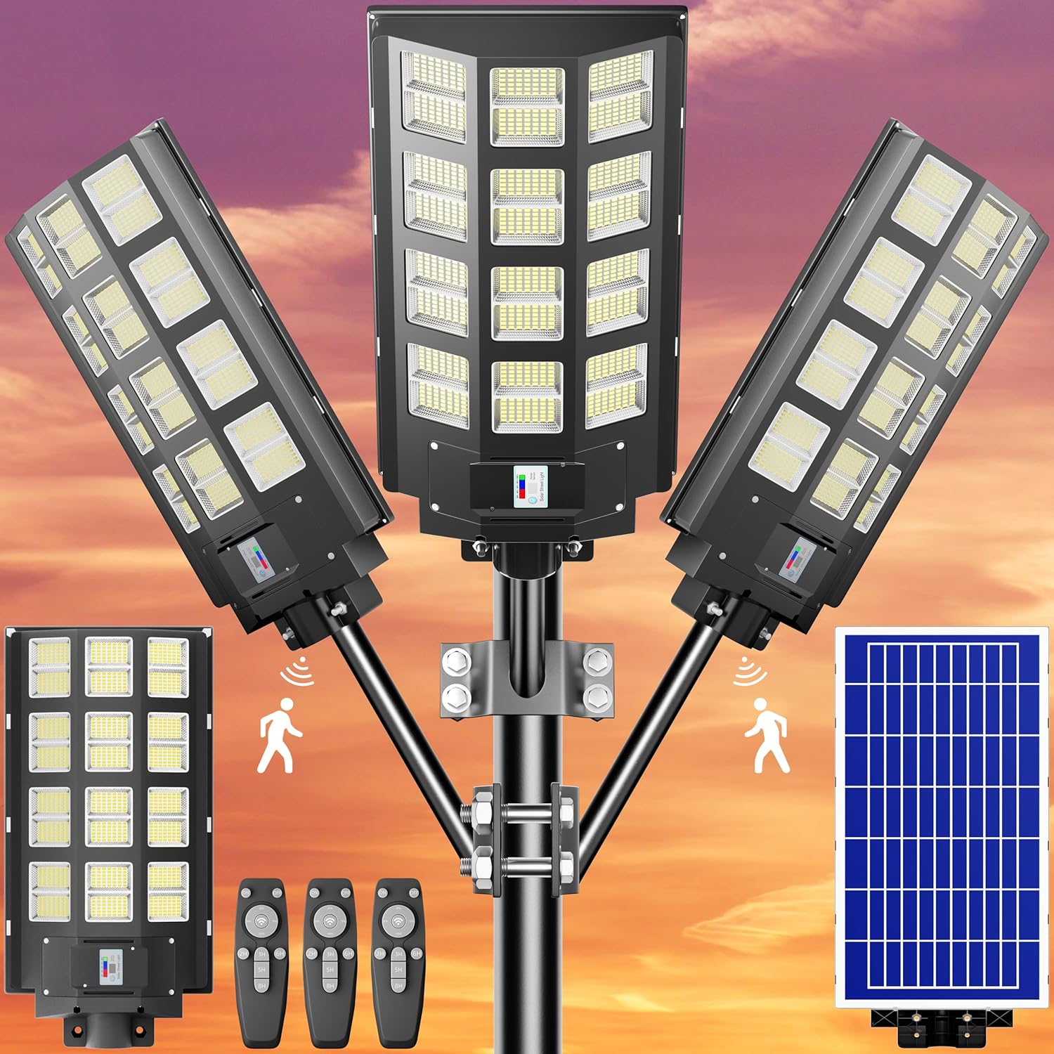 Paquete de 3 luces solares para estacionamiento, luz solar de 4800 W, 360000 lúmenes, luces de calle del atardecer al amanecer, funciona con energía