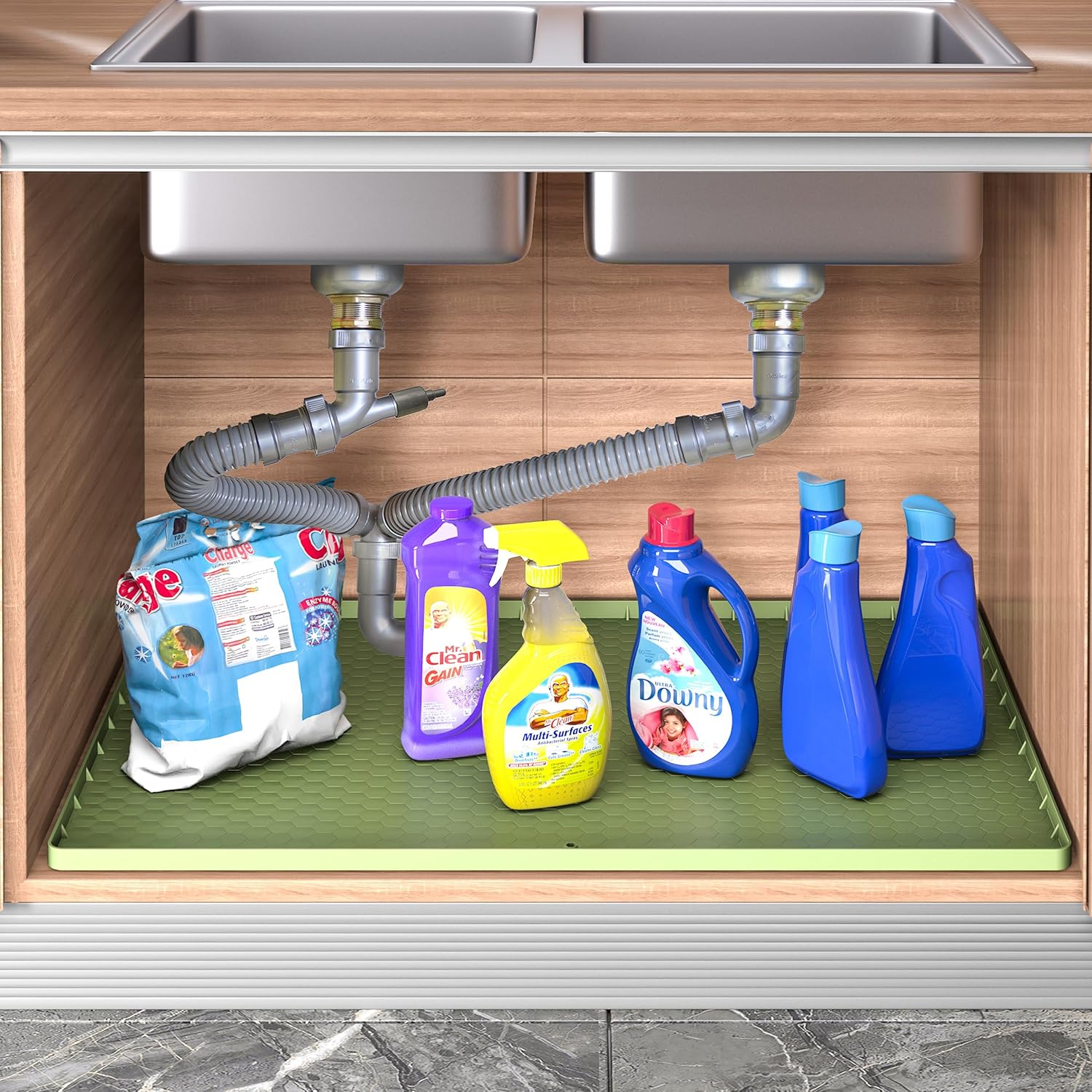 Ryhpez Tapete para debajo del fregadero para cocina, impermeable, de 34 x 22 pulgadas, de silicona, con orificio de drenaje, bandeja de goteo de